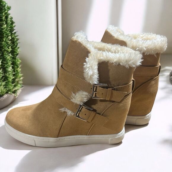 Steve Madden NYC Boots 8.5 Peytonn Tan Suede Faux Fur Ankle Winter Warm NEW - Picture 2 of 8